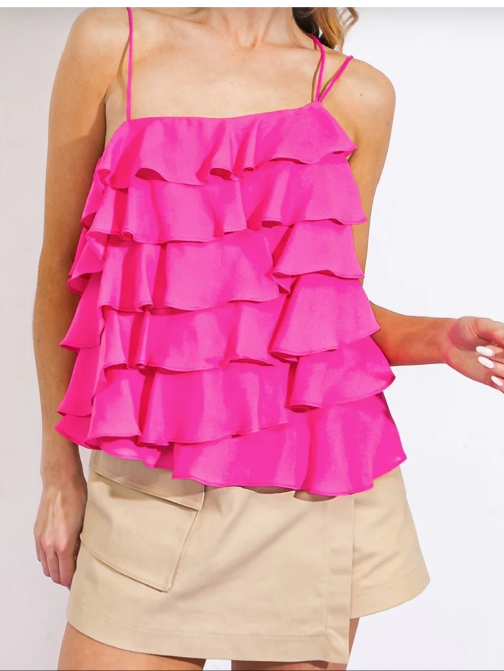 Pink Tiered Asymmetric Top Med Low Back Spaghetti Strap Ruffled Coquette Summer
